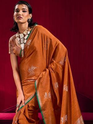 rust ethnic motifs woven design zari pure linen banarasi saree with blouse piece 4
