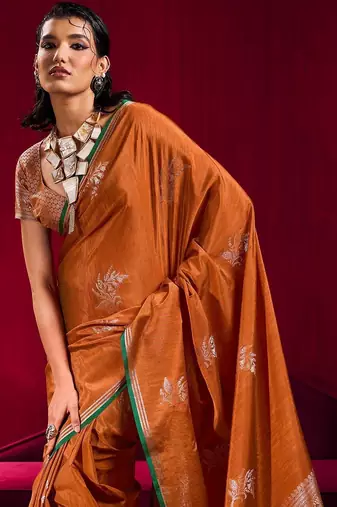 rust ethnic motifs woven design zari pure linen banarasi saree with blouse piece