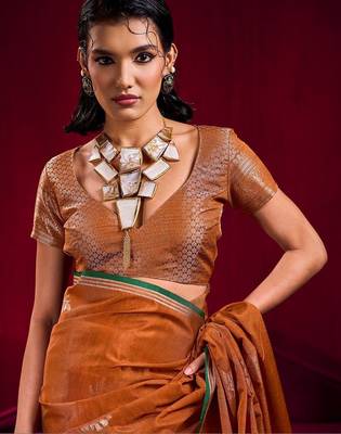 rust ethnic motifs woven design zari pure linen banarasi saree with blouse piece 5