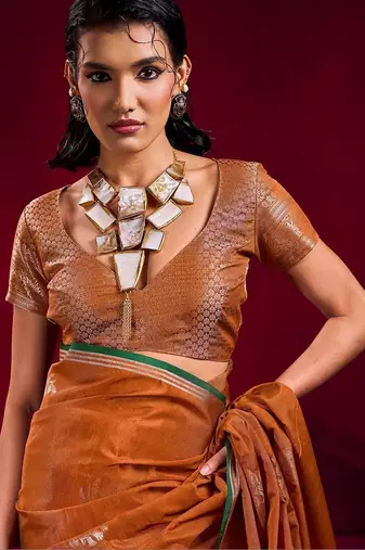 rust ethnic motifs woven design zari pure linen banarasi saree with blouse piece