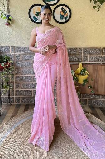 pink embellished sequinned saree