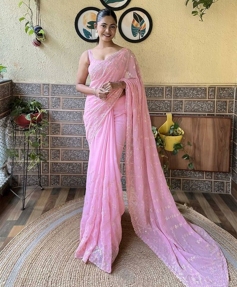 pink embellished sequinned saree
