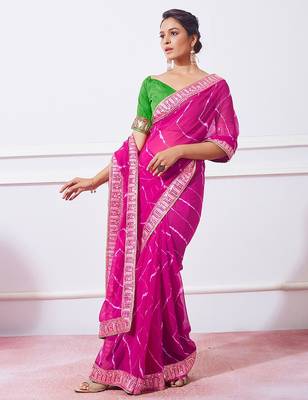 pink pink leheriya printed embroidered pure georgette saree 1