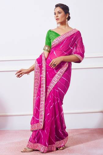 pink pink leheriya printed embroidered pure georgette saree