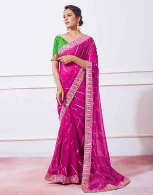 pink pink leheriya printed embroidered pure georgette saree 2