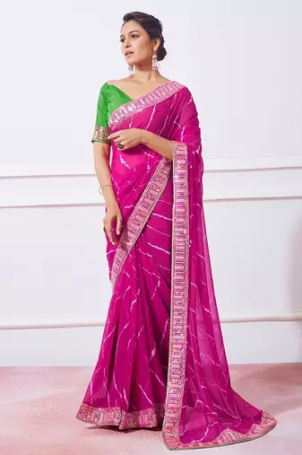 pink pink leheriya printed embroidered pure georgette saree
