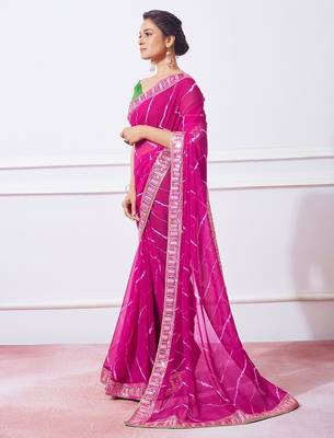 pink pink leheriya printed embroidered pure georgette saree 3