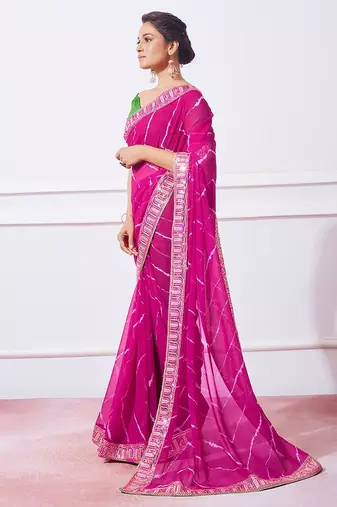 pink pink leheriya printed embroidered pure georgette saree