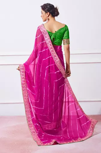 pink pink leheriya printed embroidered pure georgette saree