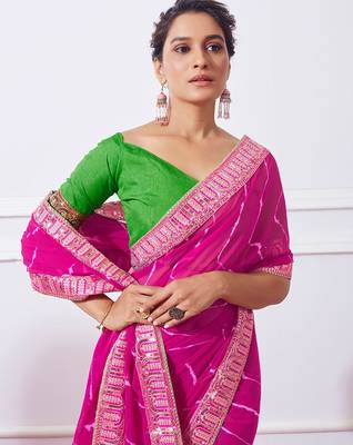 pink pink leheriya printed embroidered pure georgette saree 5