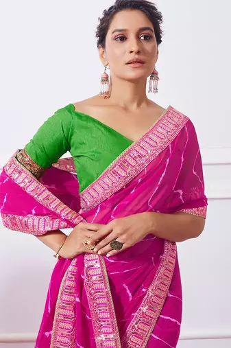 pink pink leheriya printed embroidered pure georgette saree