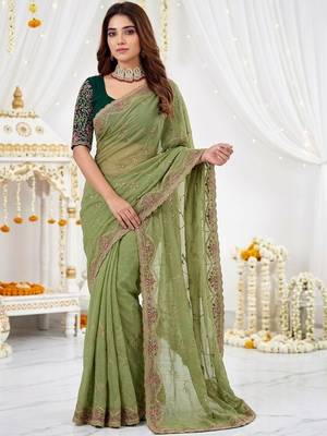 olive floral embroidered poly georgette heavy work saree 1
