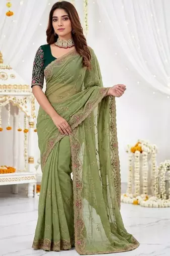 olive floral embroidered poly georgette heavy work saree