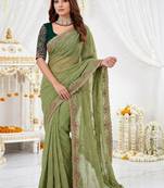 olive floral embroidered poly georgette heavy work saree