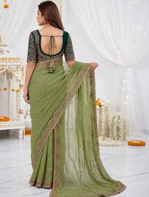 olive floral embroidered poly georgette heavy work saree 2