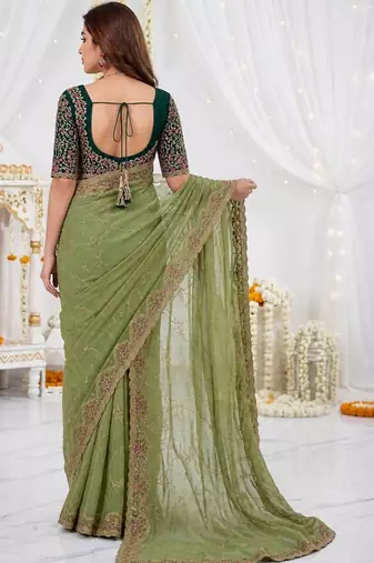 olive floral embroidered poly georgette heavy work saree