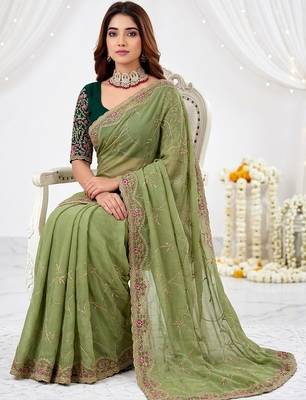olive floral embroidered poly georgette heavy work saree 3
