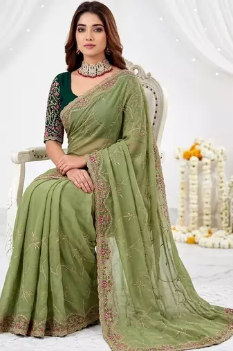 olive floral embroidered poly georgette heavy work saree