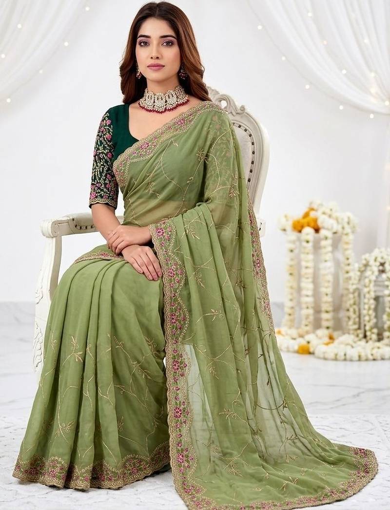 olive floral embroidered poly georgette heavy work saree
