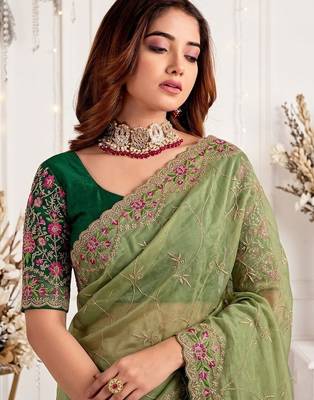 olive floral embroidered poly georgette heavy work saree 4