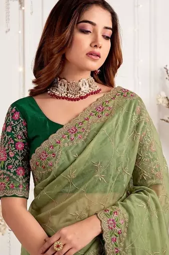 olive floral embroidered poly georgette heavy work saree