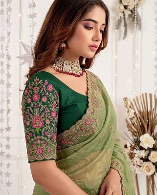 olive floral embroidered poly georgette heavy work saree 5
