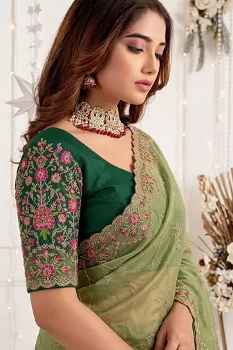 olive floral embroidered poly georgette heavy work saree