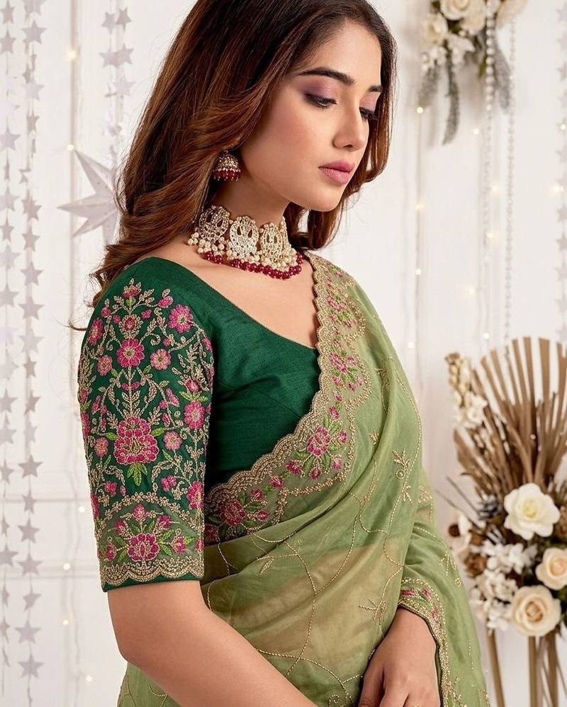 olive floral embroidered poly georgette heavy work saree