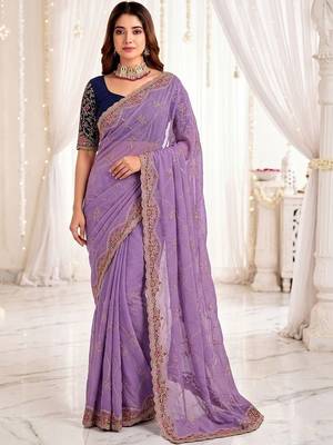 lavender floral embroidered poly georgette heavy work saree 1