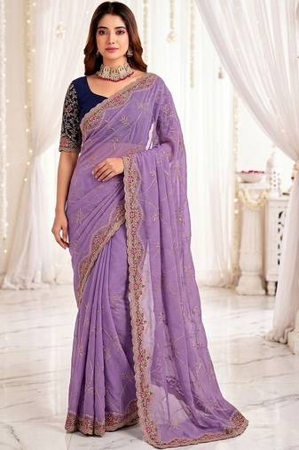 lavender floral embroidered poly georgette heavy work saree