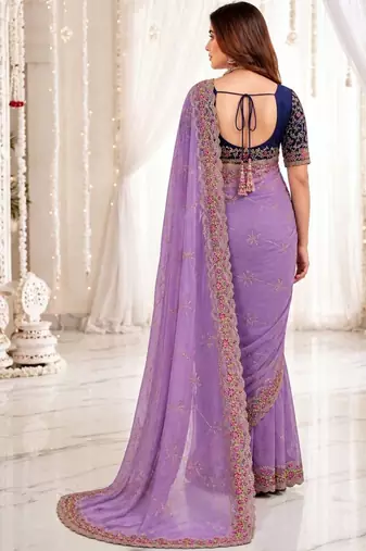 lavender floral embroidered poly georgette heavy work saree