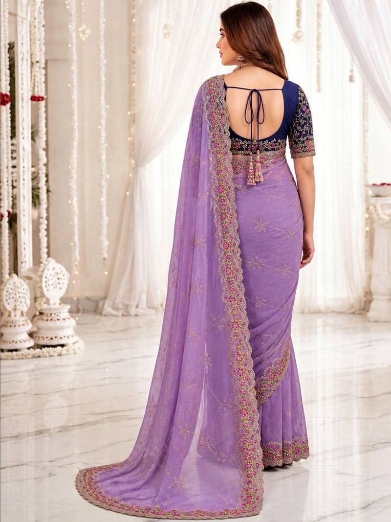 lavender floral embroidered poly georgette heavy work saree