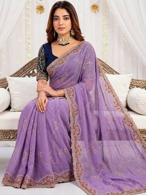 lavender floral embroidered poly georgette heavy work saree 3
