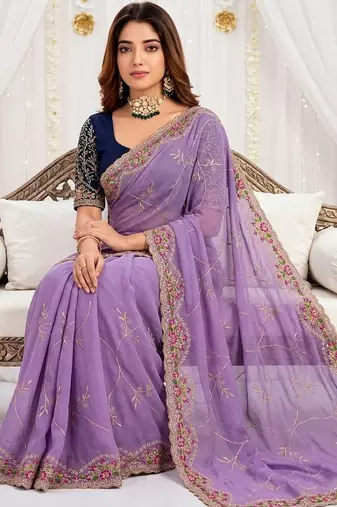 lavender floral embroidered poly georgette heavy work saree