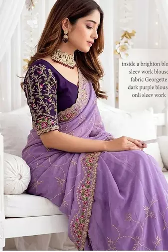 lavender floral embroidered poly georgette heavy work saree