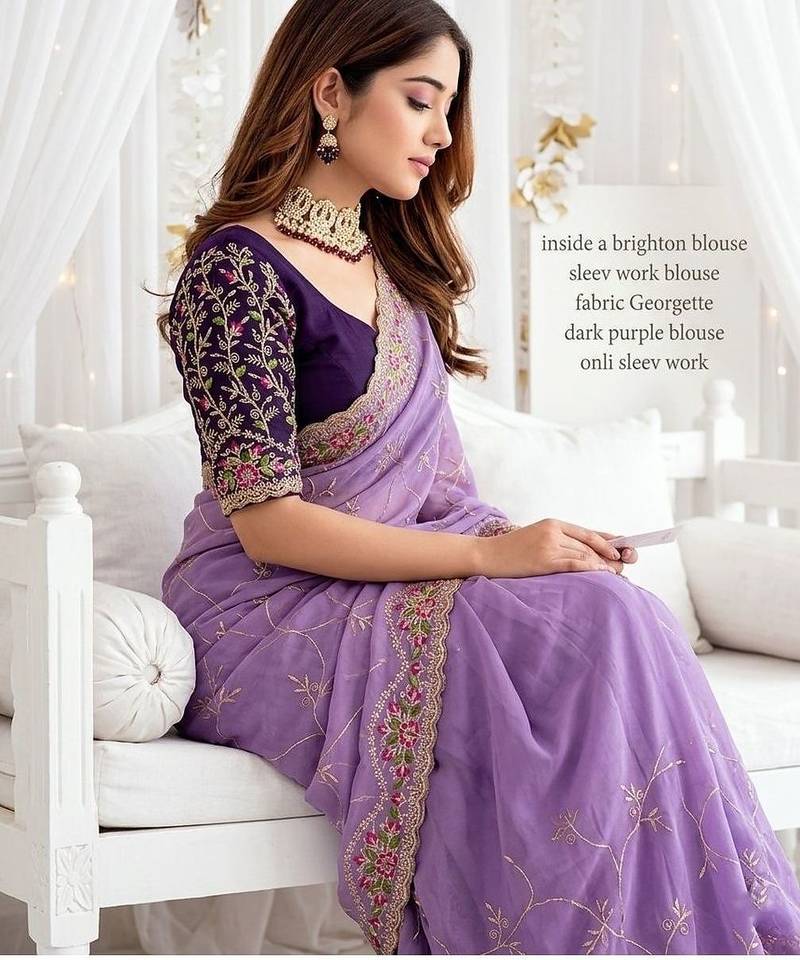 lavender floral embroidered poly georgette heavy work saree