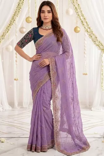 lavender floral embroidered poly georgette heavy work saree