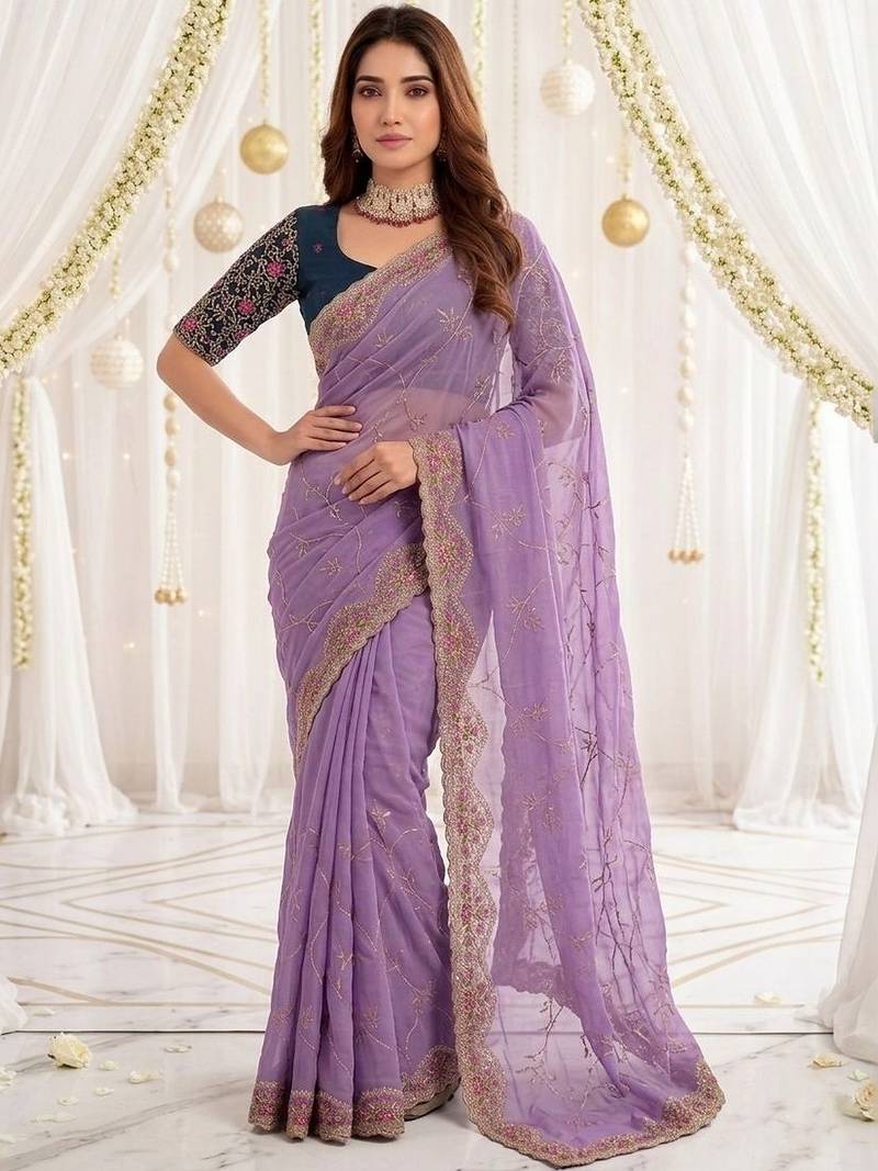 lavender floral embroidered poly georgette heavy work saree