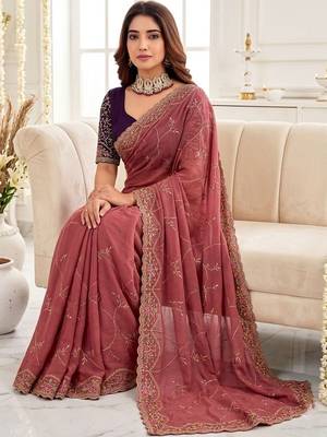 rose floral embroidered poly georgette heavy work saree 1