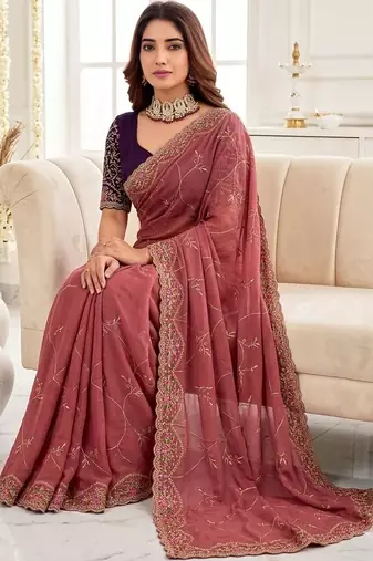 rose floral embroidered poly georgette heavy work saree
