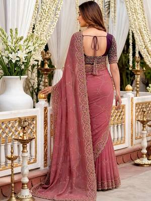 rose floral embroidered poly georgette heavy work saree 2