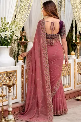 rose floral embroidered poly georgette heavy work saree