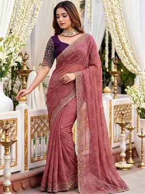 rose floral embroidered poly georgette heavy work saree 3