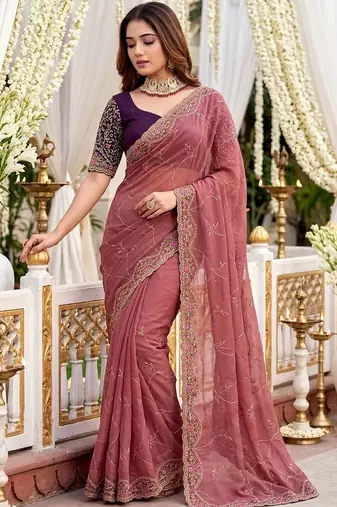 rose floral embroidered poly georgette heavy work saree