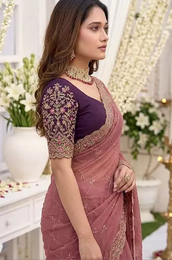 rose floral embroidered poly georgette heavy work saree