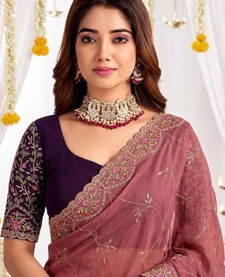 rose floral embroidered poly georgette heavy work saree 5