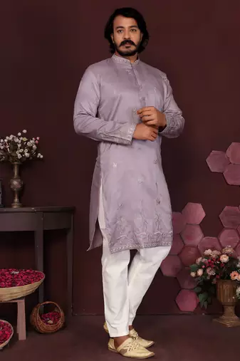 Light blue premium smart silk embroidery sequence work premium designer kurta pajama