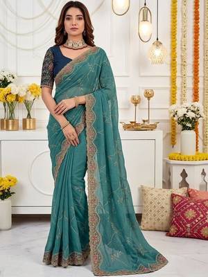 teal floral embroidered poly georgette heavy work saree 1