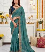 teal floral embroidered poly georgette heavy work saree