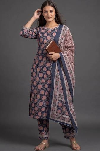 tailored women printed kurta with trousers with dupatta
